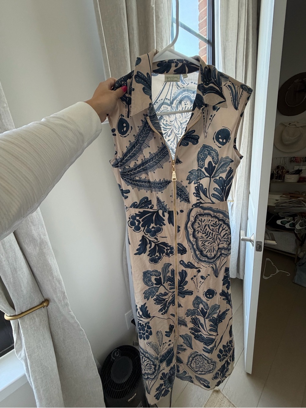 Spartina 449 Laney Midi Dress with Navy Botanical Print and Front Zip